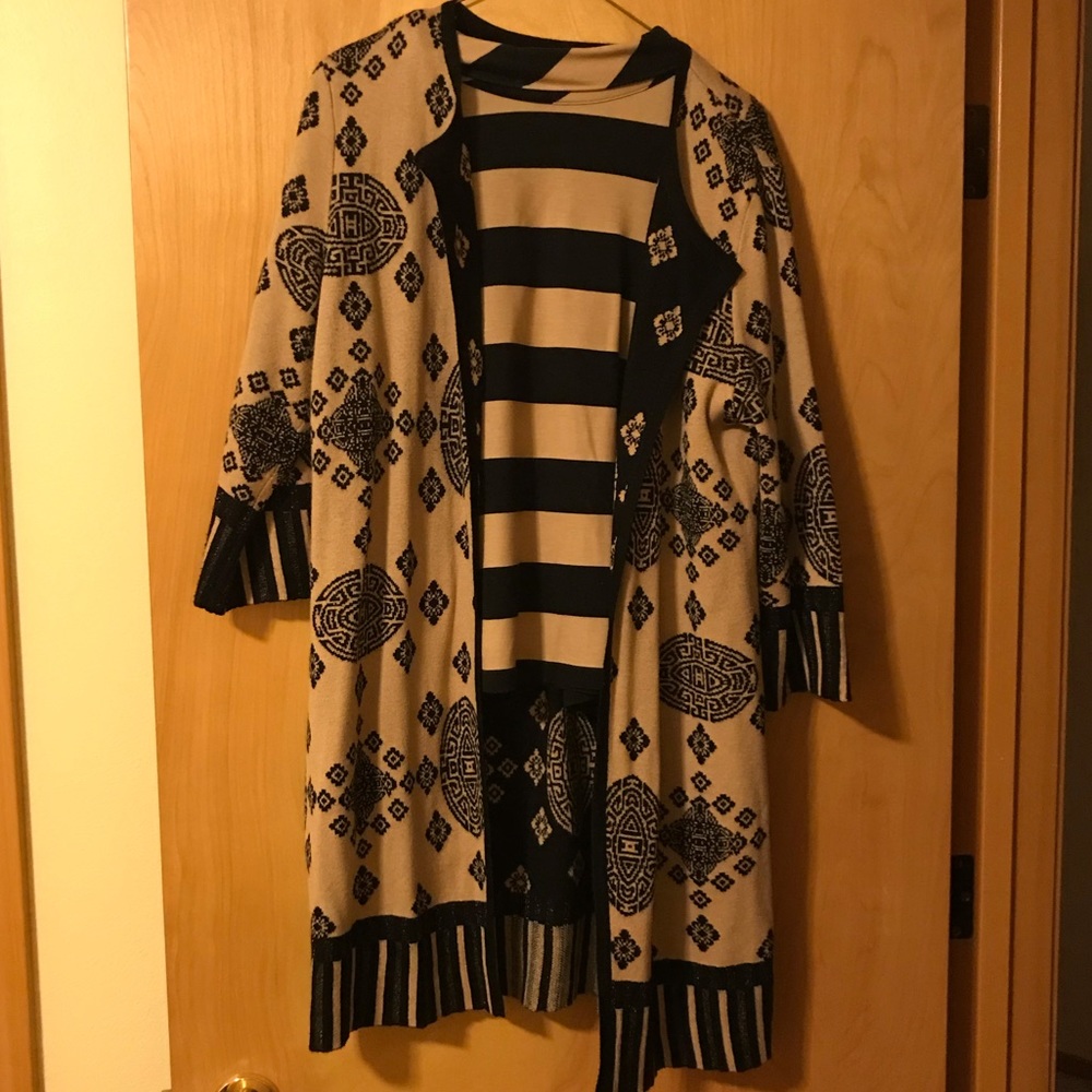 2 pc set long sweater jkt & stripe top